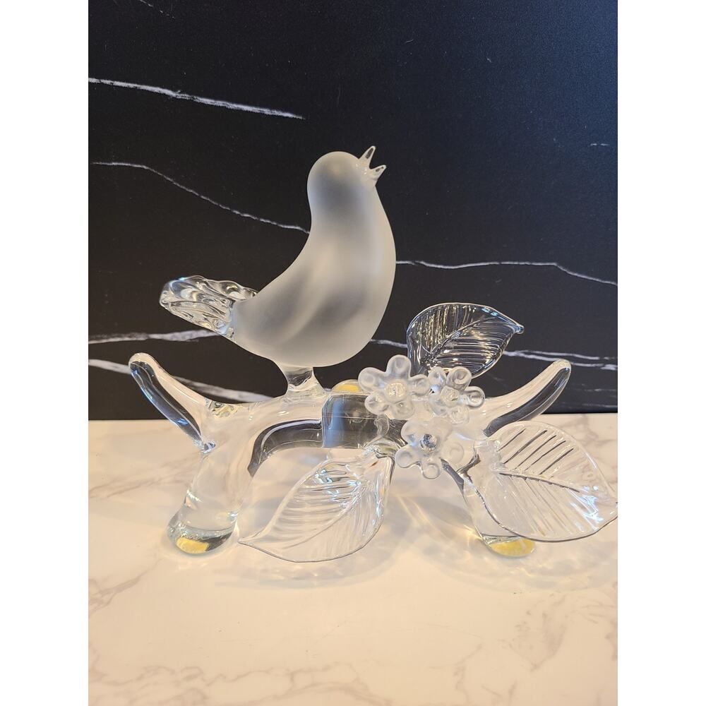 Blown Glass Frosted Bird on Clear Perch w Flowers & Leaves Artist Signed EUC